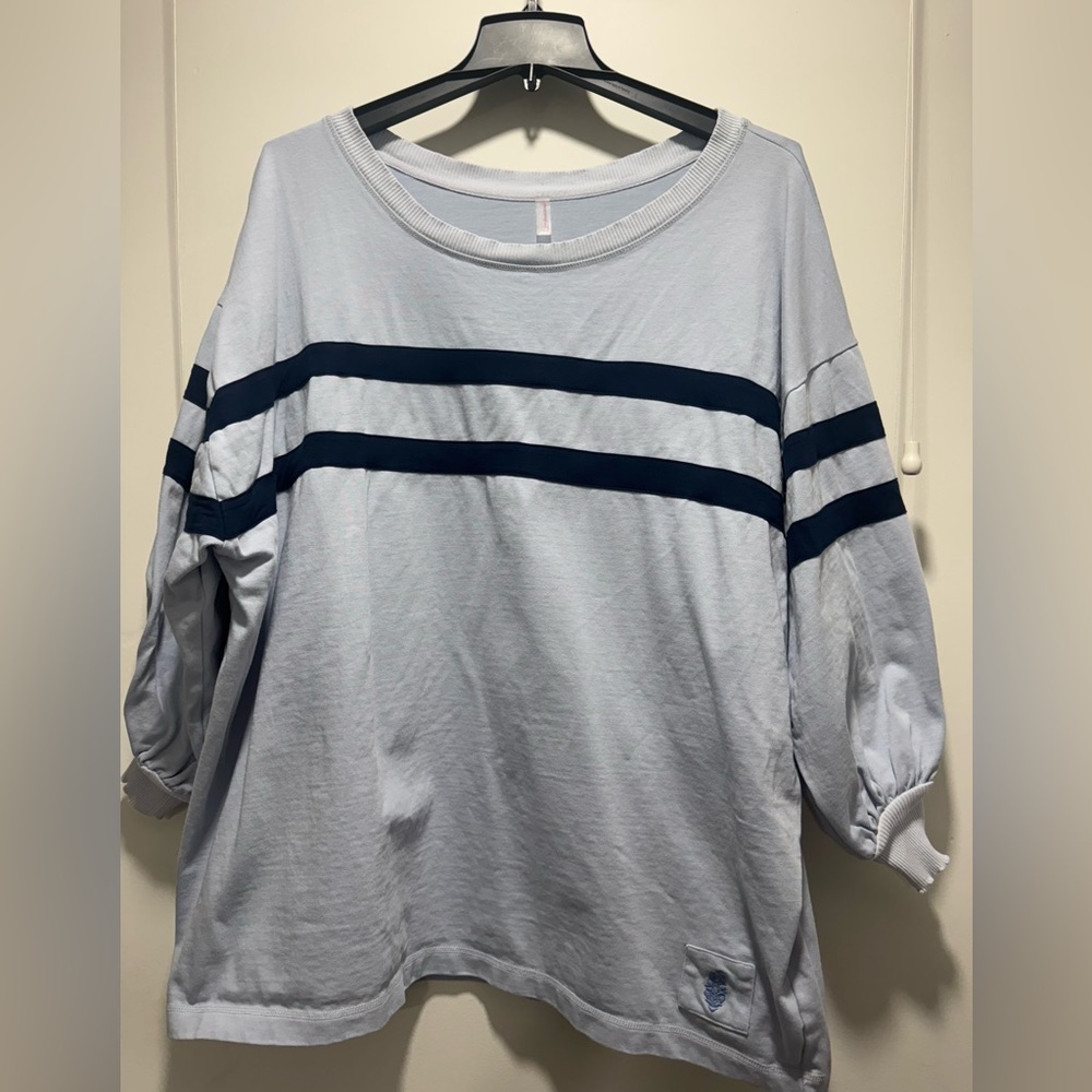 FP Movement by Free People Light Gray Top with Navy Stripes